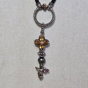 Barbara Bixby Sterling 18k Gold Black Leather Cord Key Citrine Pendant Necklace